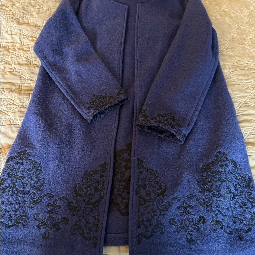Nanette Lepore Blue Coat with Black Embroidery at Bottom and Cuffs